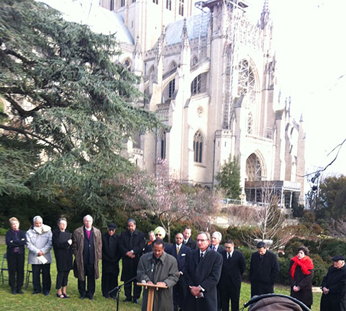 Former NCC President Michael Livingston and New Evangelical Partnership President Richard Cizik call for more restrictive gun control measures during a press conference of interfaith officials on December 21 at Washington National Cathedral.