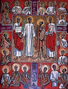 A holy card of the Martyrs of Uganda based on a painting by Albert Wider, 1962, Generalate of the Missionaries of Africa. (Photo credit: Saints.SQPN.com)